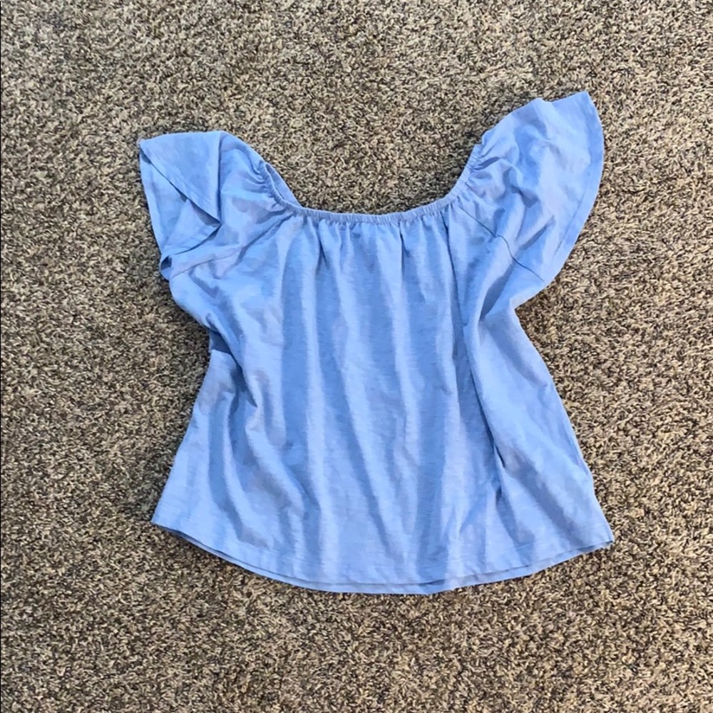 Light blue off the shoulder shirt bit cropped